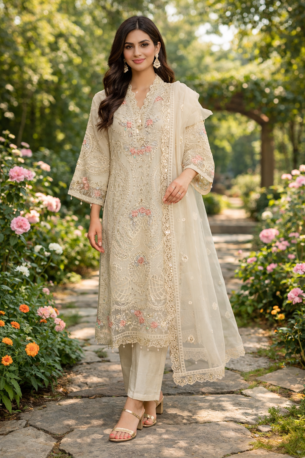 Soft Organza fully heavy embellished with Pearls work