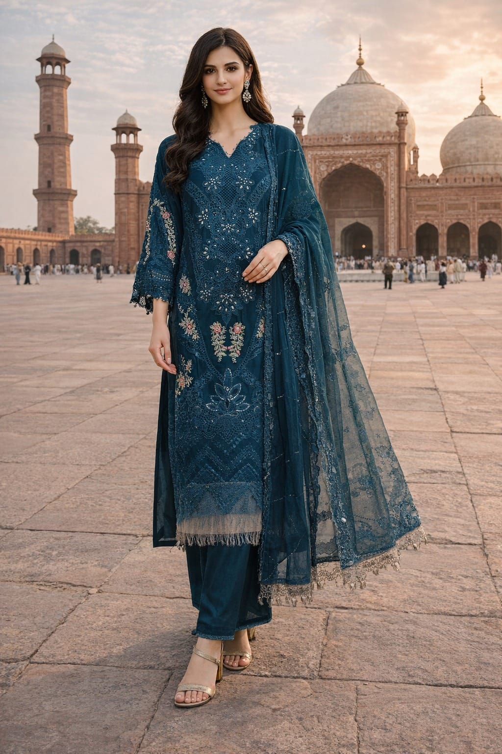Midnight Teal Embroidered 3-Piece  stitched Formal chiffon suit with chiffon Dupatta.