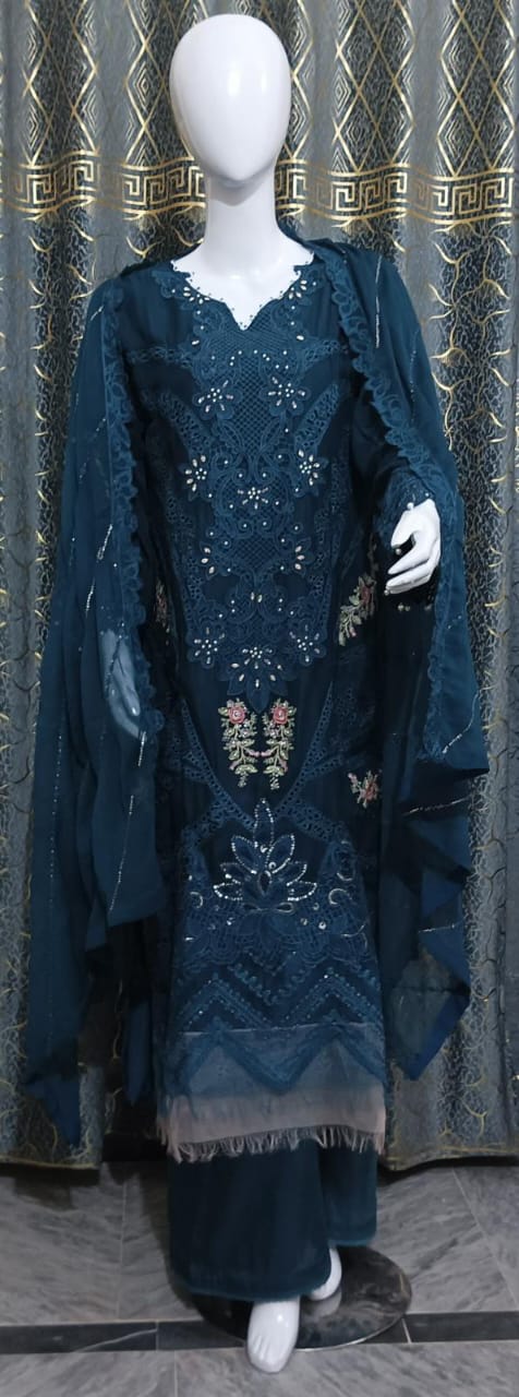 Midnight Teal Embroidered 3-Piece  stitched Formal chiffon suit with chiffon Dupatta.
