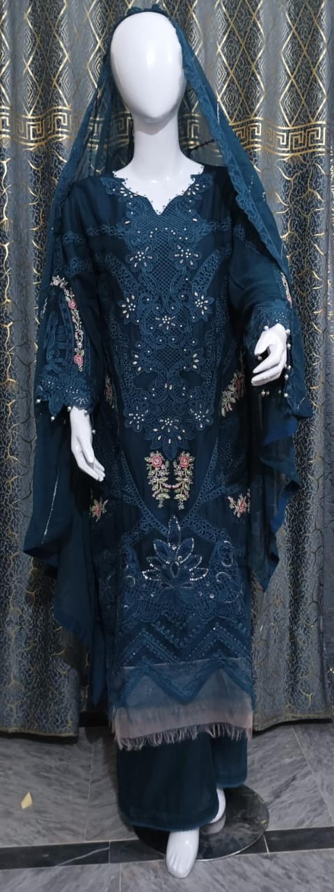 Midnight Teal Embroidered 3-Piece  stitched Formal chiffon suit with chiffon Dupatta.