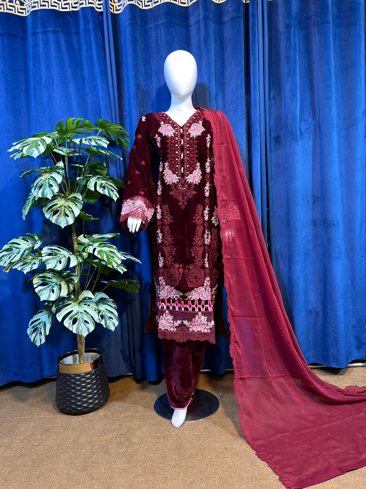 Dark Maroon Royal Velvet Embroidered 3-Piece Stitched Suit with luxurious Chiffon Dupatta