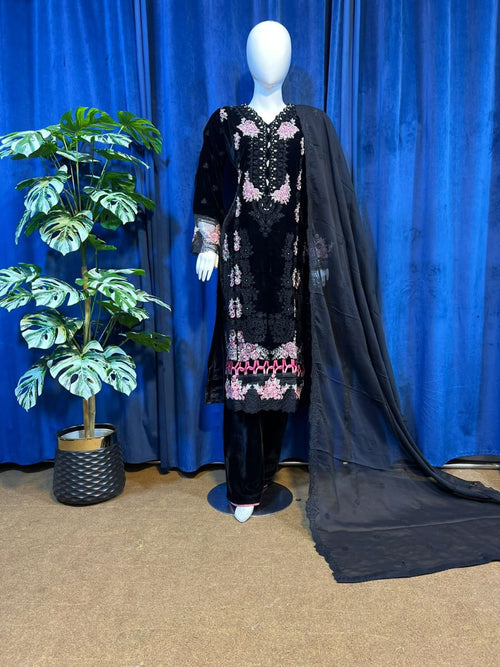 Jet Black Royal Velvet Embroidered 3-Piece Stitched Suit with luxurious Chiffon dupatta