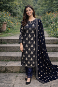 Navy Blue Embroidered Velvet 3-Piece Stitched Suit with Velvet Dupatta