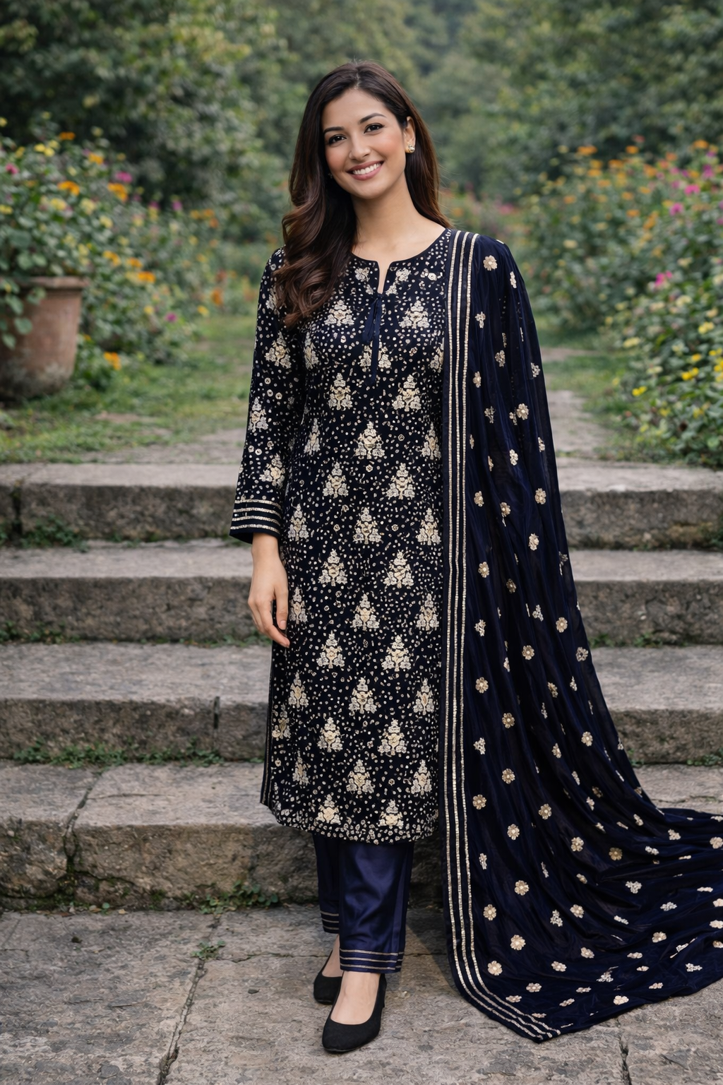 Navy Blue Embroidered Velvet 3-Piece Stitched Suit with Velvet Dupatta