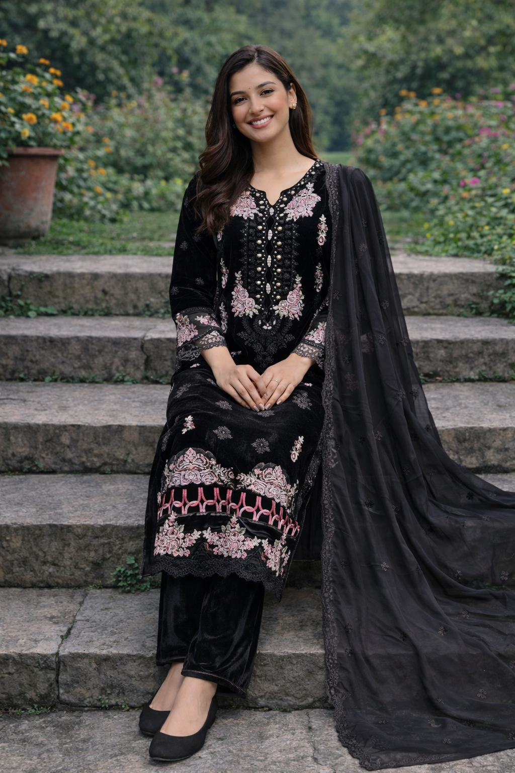 Jet Black Royal Velvet Embroidered 3-Piece Stitched Suit with luxurious Chiffon dupatta