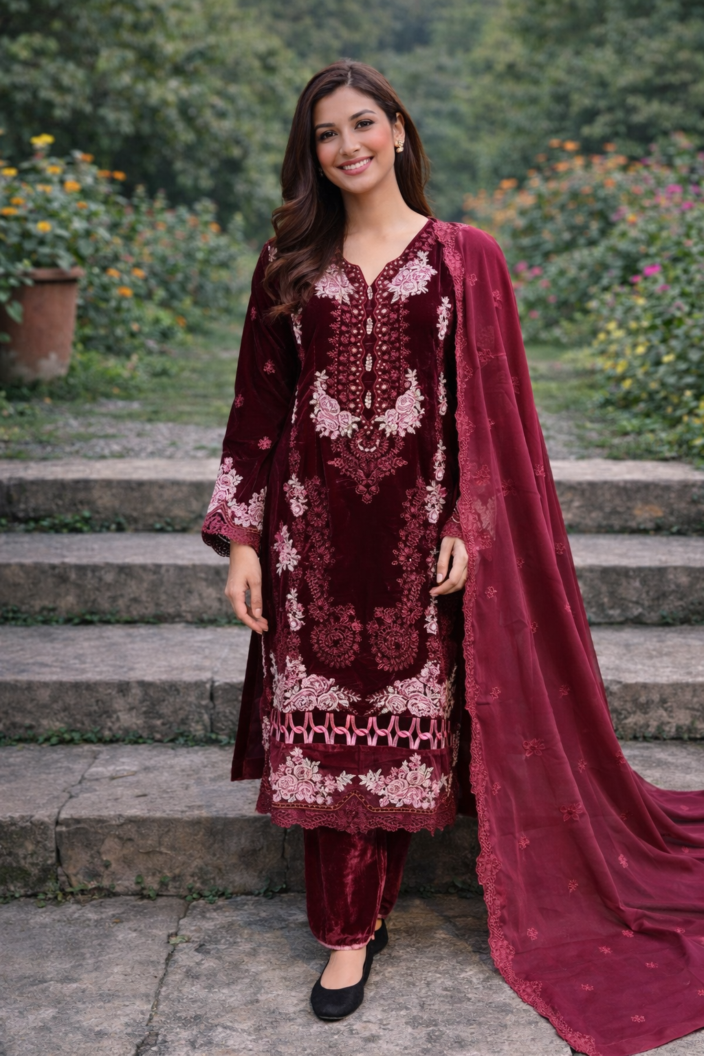 Dark Maroon Royal Velvet Embroidered 3-Piece Stitched Suit with luxurious Chiffon Dupatta